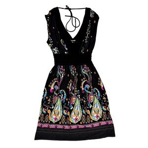 MyMichelle Women Black Paisley Floral Smocked Empire Waist V-Neck Dress Small